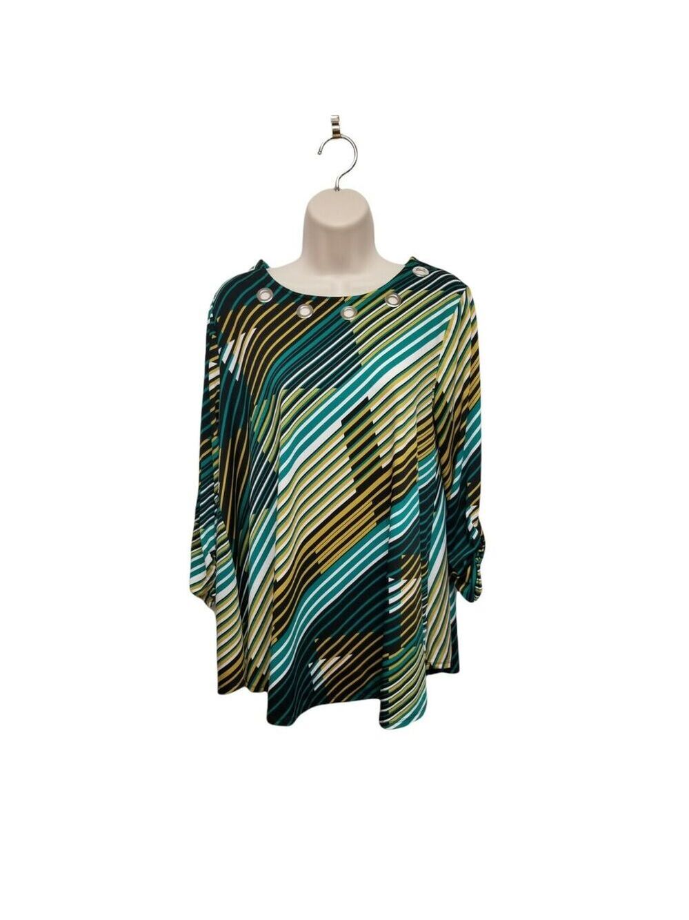 East 1946 Women's Size L Striped Tunic Blouse 3/4 Sleeve Stretch